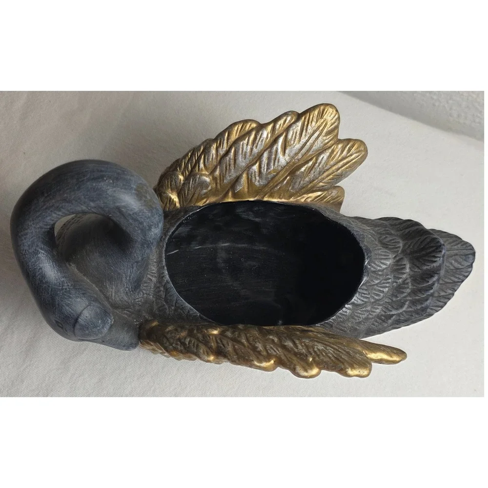 Vintage Style Charcoal Grey and Gold Swan Planter Decorative Glam